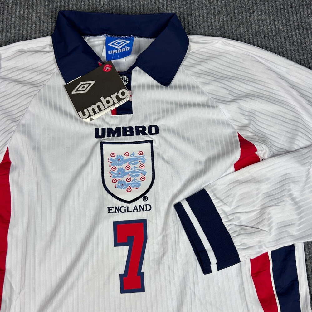 Umbro England Beckham 7 Soccer Jersey Mens Large White Long Sleeve 1998 1999